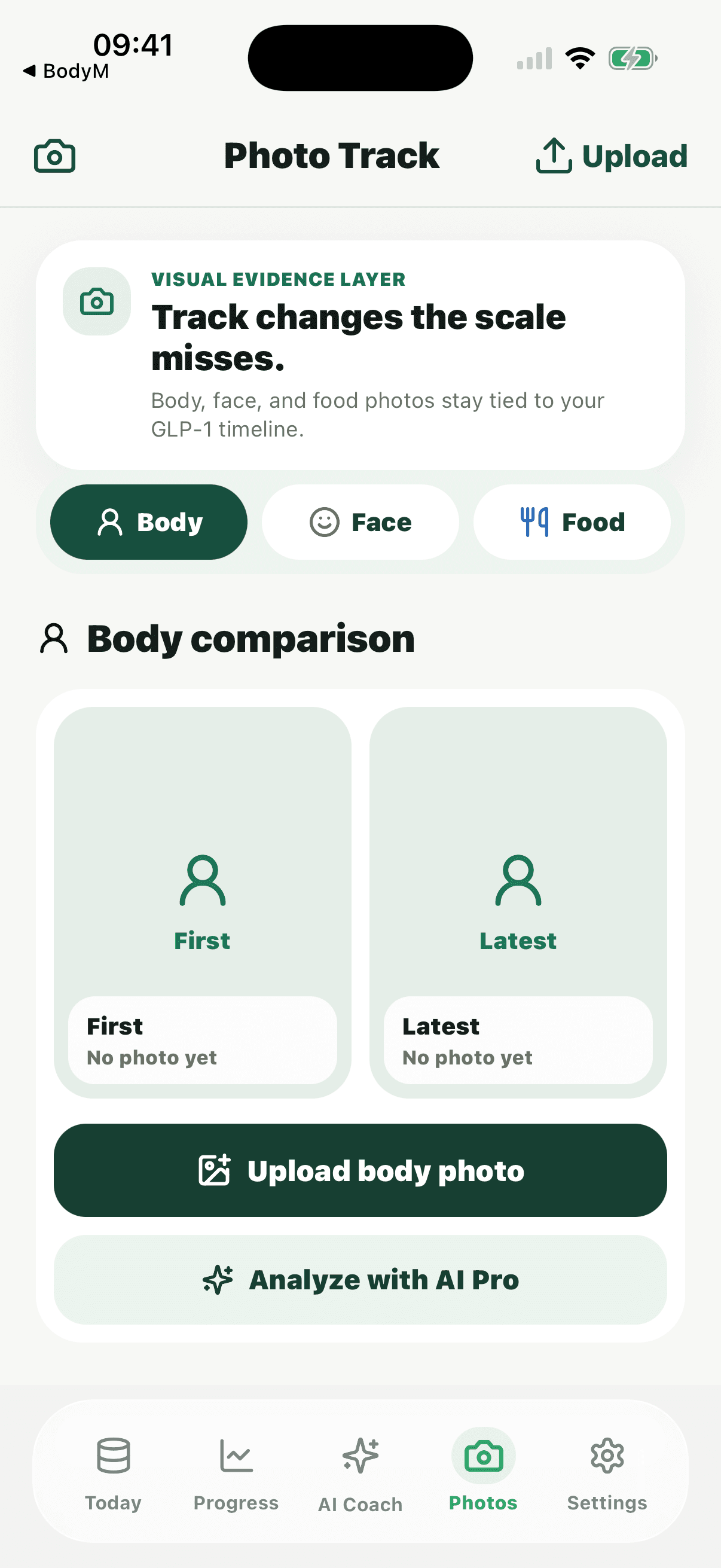 BodyM Photos tab with body comparison and upload actions