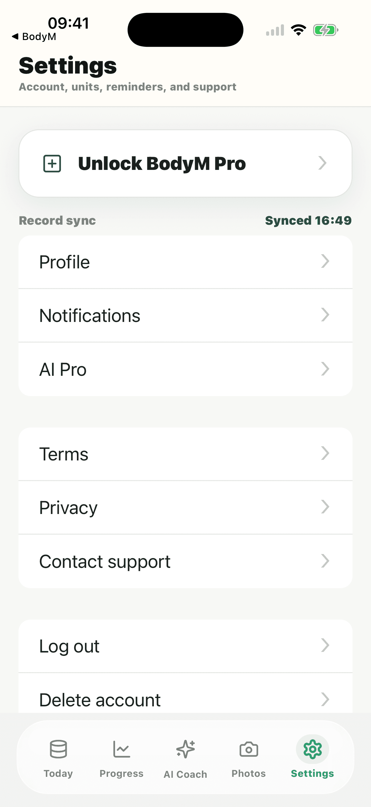 BodyM Settings tab with account, notifications, AI Pro, and support options