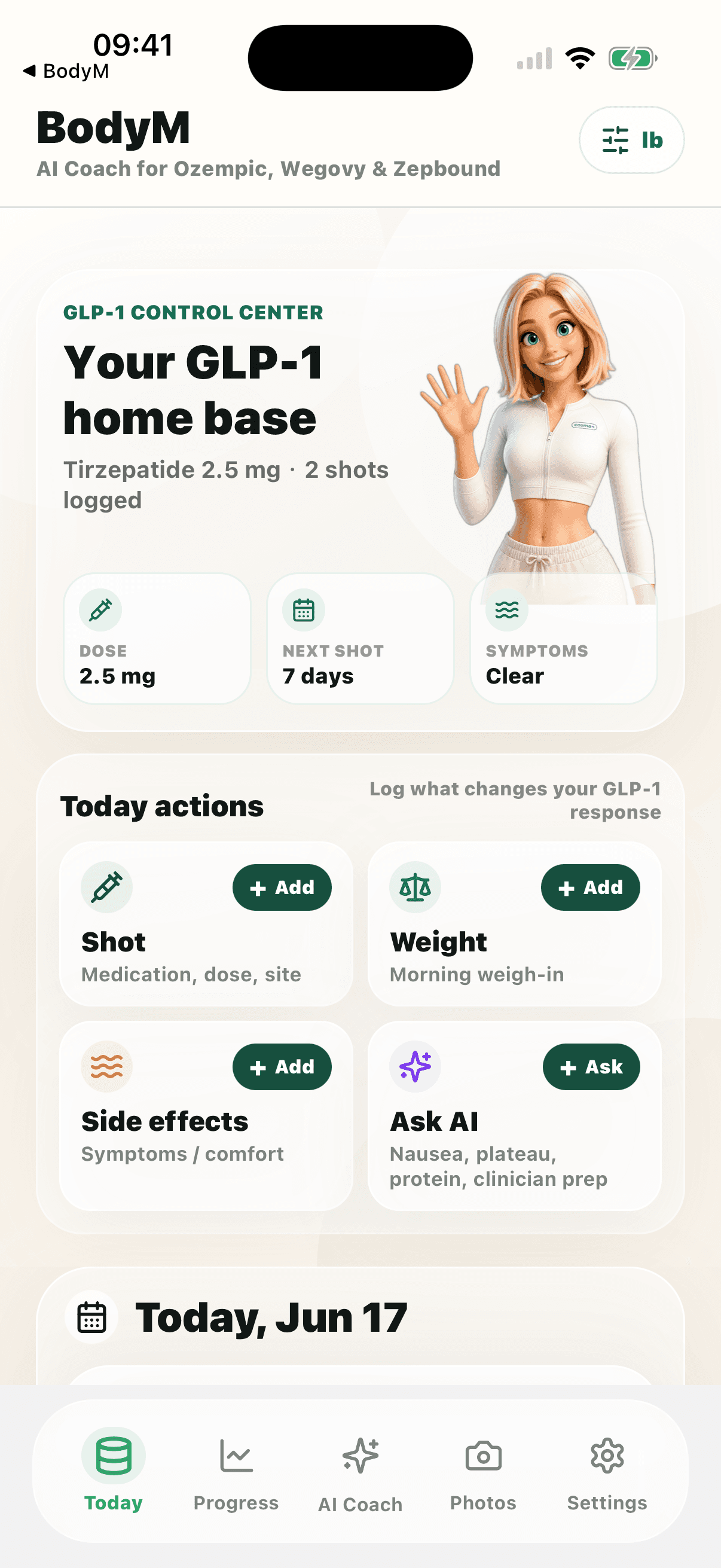 BodyM GLP-1 tracker app Today screen
